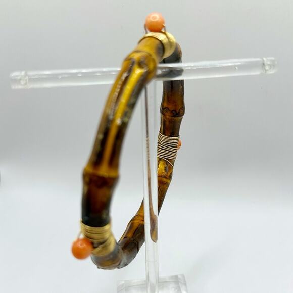 Vintage Bamboo Bracelet Gold Wire Wrapped Coral Bead Retro Brown Orange Bangle - Picture 3 of 15